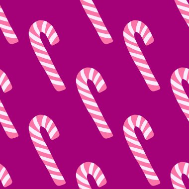 Pembe ve beyaz renkli şeker şekilli kusursuz parlak yeni yıl deseni. Violet geçmişi. Tatlı yemek arkaplanı. Kumaş tasarımı için zemin, tekstil baskısı, ambalaj, kapak. Vektör illüstrasyonu.