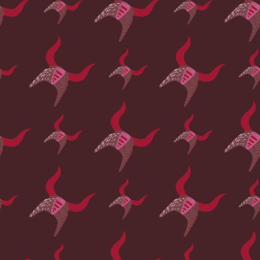 Viking miğferleriyle kestane rengi renklerde desensiz desenler. Norveç 'te kırmızı ve pembe tonlarda antik baskılar. Savaş unsurları. Kumaş tasarımı, tekstil, ambalaj, kapak için. Vektör illüstrasyonu