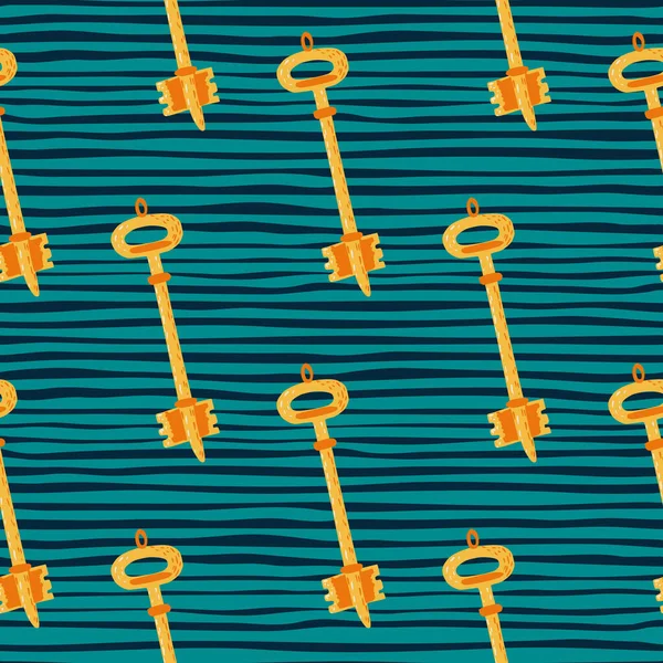 Goldene Schlüssel Verzieren Nahtlose Kritzelmuster Türkis Hintergrund Mit Streifen Dekoration — Stockvektor