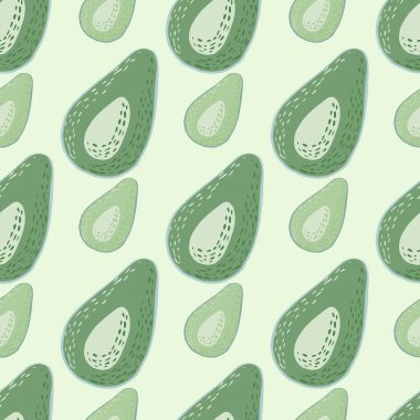 Avokado yarım siluet ile izole edilmiş karikatür deseni. Beyaz arka planda yeşil palette basit meyve izi. Duvar kağıdı, tekstil, ambalaj kağıdı, kumaş için mükemmel. Vektör illüstrasyonu.