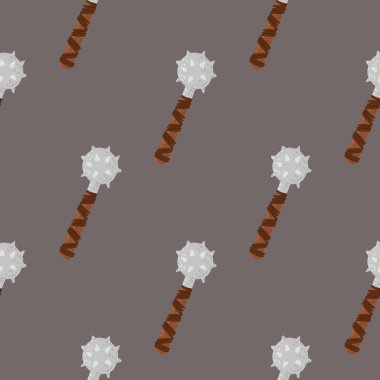Savaşçı topuz süslemesi ile minimalist kusursuz desen. Gri arka plan. Ortaçağ savaş silahları arka planı. Kumaş tasarımı, tekstil baskısı, ambalaj ve kapak için mükemmel. Vektör illüstrasyonu.