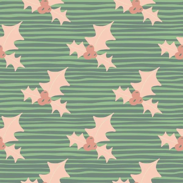 Pink Mistletoe Vintage Xmas Silhouetes Seamless Pattern Green Stripped Background — Stock Vector