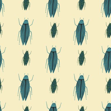 Mavi renkli böcekler süslemesiz karalama desenleri. Açık sarı arkaplanda elle çizilmiş basit elementler. Duvar kağıdı, tekstil, ambalaj kağıdı, kumaş baskısı için mükemmel. Vektör illüstrasyonu.