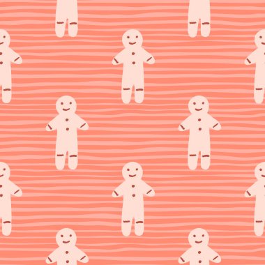 Zencefilli kurabiye adam süsüsüyle kusursuz kış şablonu. Pembe palet. Soyunmuş arka plan. Yeni yıl baskısı. Duvar kağıdı, tekstil, ambalaj kağıdı ve kumaş baskısı için tasarlanmış. Vektör illüstrasyonu.