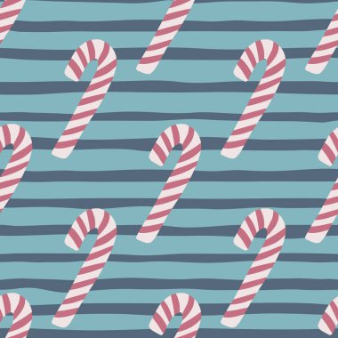 Leylak rengi, noel şekeri desenli, pürüzsüz laflar. Deniz mavisi ve turkuaz çizgili arka plan. Basit stilize edilmiş yeni yıl ödülleri baskısı. Kumaş tasarımı, tekstil baskısı, ambalaj, kapak için. Vektör illüstrasyonu.