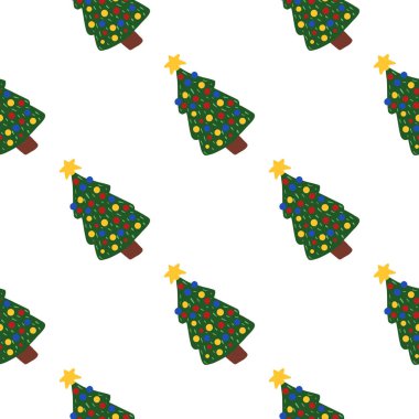 Yılbaşı ağacı süsüyle kusursuz bir tatil deseni. Beyaz arka planda yeşil renkli izole noel baskısı. Kumaş tasarımı, tekstil baskısı, ambalaj ve kapak için tasarlandı. Vektör illüstrasyonu.