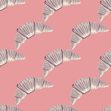 Gey kruvasan siluetleri kusursuz desenler çizer. Pembe arka planda stilize edilmiş lezzetli sanat eserleri. Yemek arkaplanı. Kumaş tasarımı, tekstil baskısı, ambalaj ve kapak için mükemmel. Vektör illüstrasyonu.
