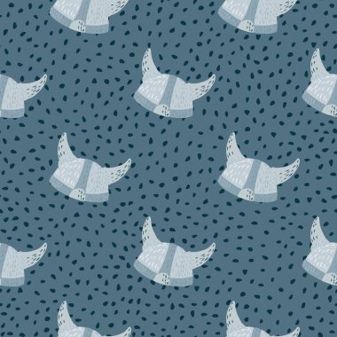 Viking kask takılı kusursuz karalama deseni. Noktalı arka planlı ortaçağ süsü. Mavi palet çizimi. Kumaş tasarımı, tekstil, ambalaj, örtü için harika. Vektör illüstrasyonu.