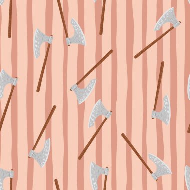 Viking baltası siluetiyle kusursuz bir zırh deseni. Açık pembe çizgili arka plan. Çelik ortaçağ süsü. Kumaş tasarımı, tekstil baskısı, ambalaj ve kapak için tasarlandı. Vektör illüstrasyonu.