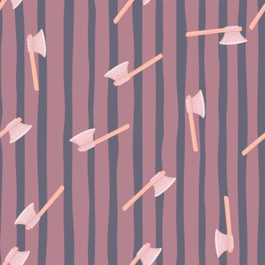 Pastel tonları viking baltası olan rastgele ve kusursuz bir desen. Leylak ve mavi soluk palet orta çağ sanat eserleri. Kumaş tasarımı için dekoratif baskı, tekstil baskısı, ambalaj, kapak. Vektör illüstrasyonu.