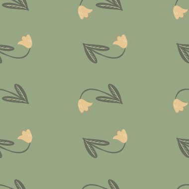 İskandinav dikişsiz karalama deseni ve kontolu campanula çiçekleri. Yeşil arka plan. Soluk palet çizimi. Kumaş tasarımı, tekstil baskısı, ambalaj, kapak için harika. Vektör illüstrasyonu.