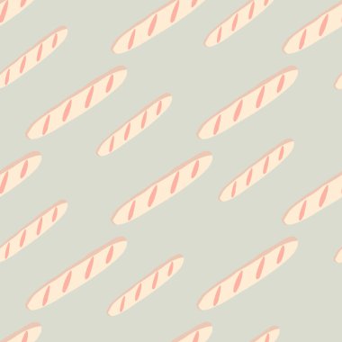 Açık pembe ekmek siluetleriyle renksiz desenli pastel palet. Gri ışık arka planı. Fransız kahvaltı baskısı. Kumaş tasarımı, tekstil baskısı, ambalaj ve kapak için mükemmel. Vektör illüstrasyonu.