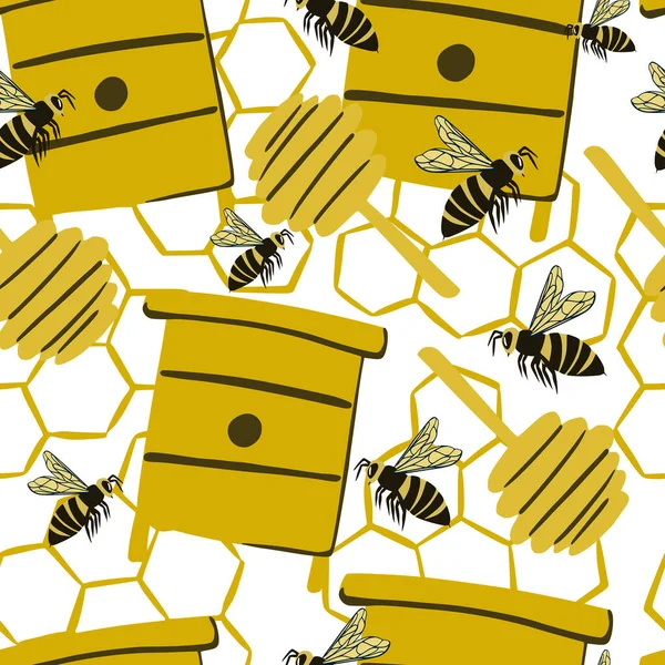 蜂蜜のスプーン じんましん ハニカムとシームレスなスタイルの蜂のパターン 白地だ 農場有機印刷 生地デザイン テキスタイルプリント ラッピング カバーに最適です ベクターイラスト — ストックベクタ