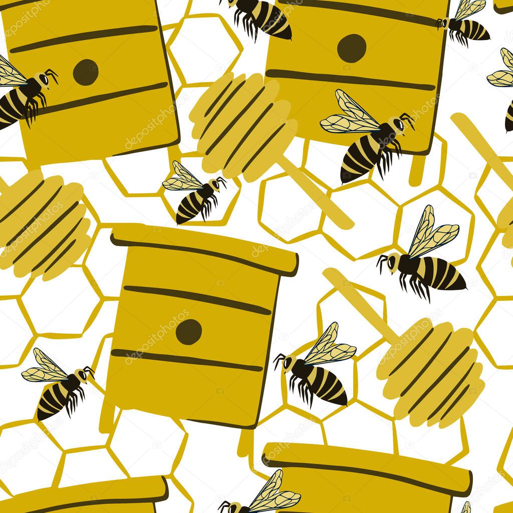 Seamless stylized bee pattern with honey spoons, hives, honeycombs. White background. Farm organic print. Great for fabric design, textile print, wrapping, cover. Vector illustration.