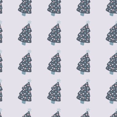 Köknar ağacı yeni yıl siluetleriyle kusursuz skandal deseni. Açık renkli arka plan, lacivert orman elementleriyle. Kumaş tasarımı, tekstil baskısı, ambalaj ve kapak için mükemmel. Vektör illüstrasyonu.