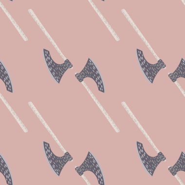 Orta çağ Viking baltası takılı, minimalist, pürüzsüz karalama deseni. Pembe arka plan. Soluk palet çizimi. Kumaş tasarımı, tekstil baskısı, ambalaj ve kapak için tasarlandı. Vektör illüstrasyonu.