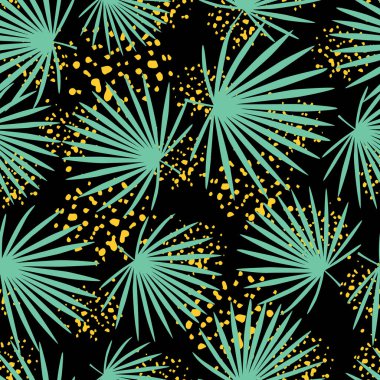 Yelpaze palmiye yaprakları süslemeli, sade çiçek desenli rastgele desenler. Siyah zemin üzerinde turkuaz botanik şekiller ve sarı lekeler. Kumaş tasarımı için dekoratif zemin. Vektör illüstrasyonu