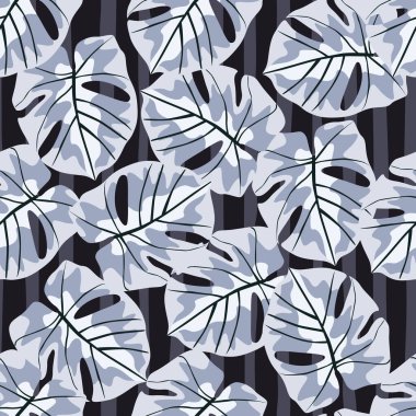 Elle çizilmiş canavarımsı elementlerle rastgele açık mor desenli. Çizgili arka plan. Botanik arka planı. Kumaş tasarımı, tekstil baskısı, ambalaj ve kapak için mükemmel. Vektör illüstrasyonu.