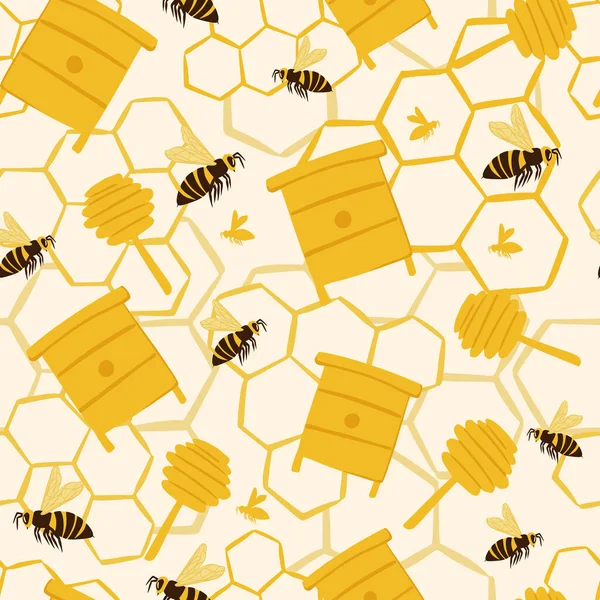 黄色のじんましん スプーン 蜂の平らな要素とシームレスなパターンをかわす ミツバチの装飾品の背景 生地デザイン テキスタイルプリント ラッピング カバーに最適です ベクターイラスト — ストックベクタ