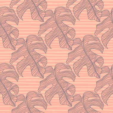 Donanma mavisi şekilli canavarlar basit, pürüzsüz siluetler. Pembe çizgili arka plan. Tropik çiçekli sanat eserleri. Kumaş tasarımı, tekstil baskısı, ambalaj ve kapak için tasarlandı. Vektör illüstrasyonu.