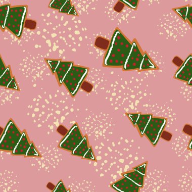 Kış köknar ağacı kurabiyeleriyle lezzetsiz rastgele desenler. Yeni yıl tatlı siluetleri yeşil tonlarda pembe arka planda, unlu. Duvar kağıdı, tekstil, ambalaj, kumaş için. Vektör illüstrasyonu