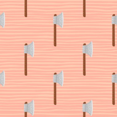Çelik silah baltası izi, kusursuz desen. Pembe çizgili arka planda Viking süsü. Basit bir ortaçağ arka planı. Kumaş tasarımı, tekstil baskısı, ambalaj ve kapak için tasarlandı. Vektör illüstrasyonu.