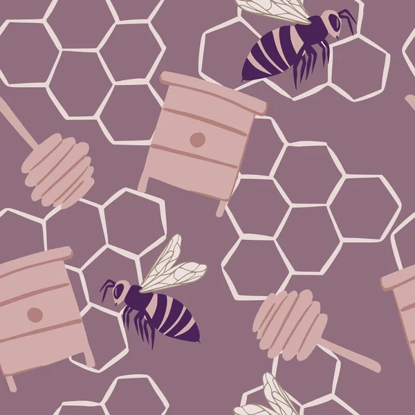 蜂の巣だ ミツバチとミツバチは単純なシームレスなドアパターンを結合します パステルパープルのカラーアートワーク ハニー背景 生地デザイン テキスタイルプリント ラッピング カバーに最適です ベクターイラスト — ストックベクタ