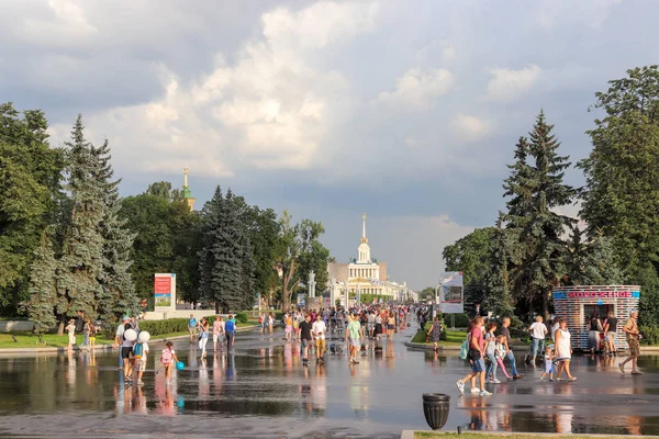 Yağmurla asfalt üzerinde su birikintileri sonra yaz park. Su birikintileri insanlarda yansımasıdır. Mavi bir gökyüzü bulutlu. Park dinlenme ve aile yürüyüşe. Moskova Fuar