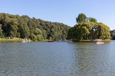Göl kıyısında yeşil ağaçlar ile. Mavi, açık gökyüzü. Yeşil yemyeşil ağaçları ile bir ada. Gölde tekne insanlar ve kıyı yürümek.