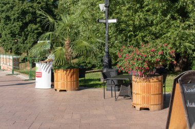 Sandalyeler sokakta içeren bir tablo. Ahşap küvet bir palmiye ağacı ve kırmızı çiçekler ile. Uzak menü. Patika, elektrik direği ve yeşil yeşillik ağaçlarıyla. Kalmak için güzel bir yer.