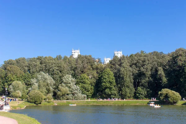 Pond Green Trees Shore Towers Building Blue Sky Peeking Trees — Stock Photo, Image