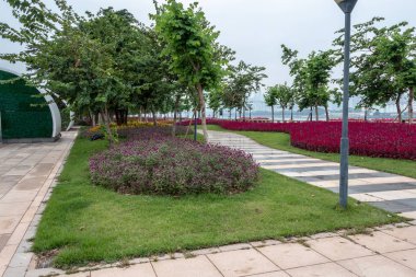 Taş şehir parkta yürüyüş yolları. Yeşil çim, mavi gökyüzü. Kırmızı çiçekleri çimlerin üstünde. Ağaçlar yeşil çalılar.