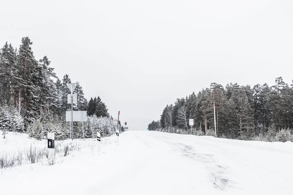 Bosque Paisajístico Panorámico Postales Hermosa Vista Invierno Camino Cubierto Nieve — Foto de Stock