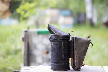 Apiary kovan dan sigara arılar için araç. Arılar için duman, apiary'de ekipman. Arıcılık doğal bal.