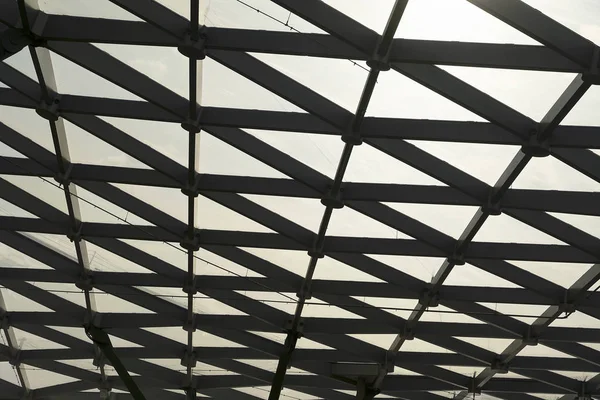 Cam elemanları ile Modern tavan, yeşil çim ile metal örgü. Fütüristik metal ve cam çatı tasarımı.