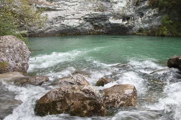 Pitoresk yeşil bir göl içine bir dere tarafından akar. Abhazya'da taş ve ağaçlarla dolu güzel bir göl. Seyahat ve turizmde doğa manzarası.