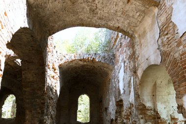Harap eski kırmızı tuğla bina. Yarı dairesel kemerli eski yıkılmış fabrika. Çatıda ağaçlar var..