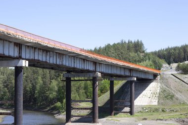 Ormanda bir nehir üzerinde uzun bir demir köprü. Bir köprünün çelik konstrüksiyonu, kırsal kesimde nehrin karşısındaki yol. Aşağıdan görüntüle.