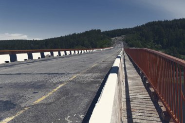 Ormanda bir nehir üzerinde demir bir köprünün korkulukları. Asfalt yol çitinin çelik ve beton yapısı, nehre düşmeme karşı koruma.