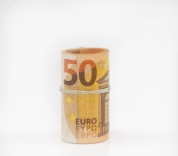 Billets Cinquante Euros Rouleau Avec Une Bande Élastique Monnaie Européenne — Photo