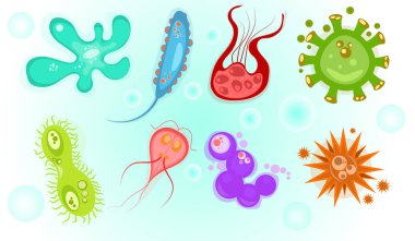 Icons of biological viruses and microbes. Illustration of bacteria and microbe organism allergen. Biology icons clipart