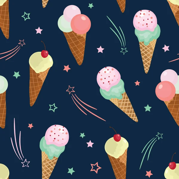 有趣的冰淇淋和明星无缝模式 — 图库矢量图片