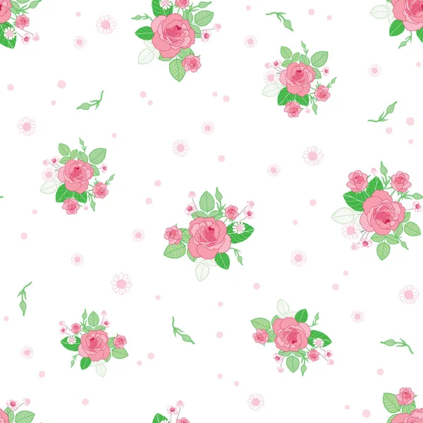 Pink green roses ditsy vintage seamless pattern — Stock Vector