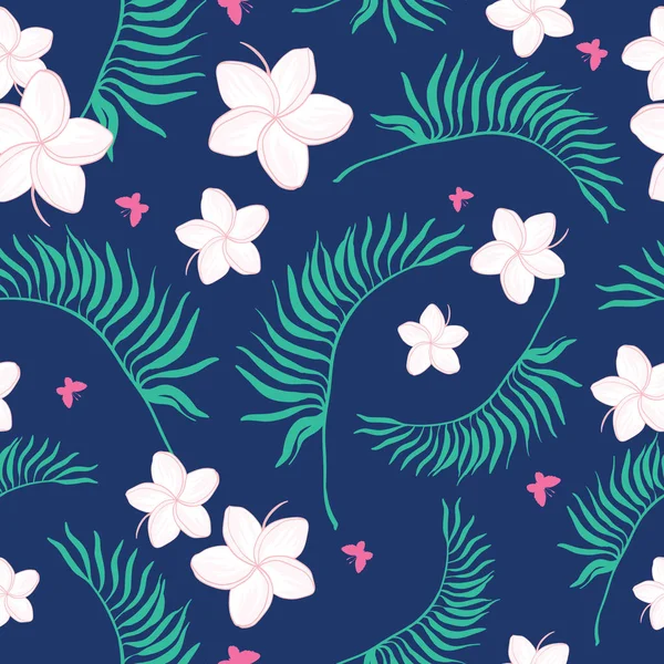 Tropical navy and pink flowers seamless pattern. — Stock Vector