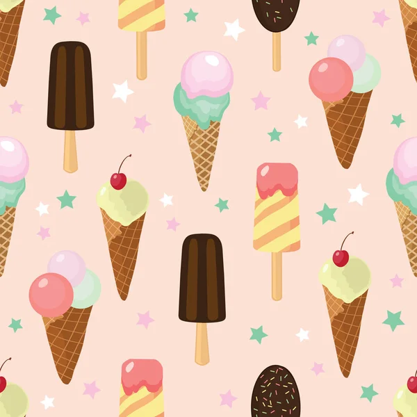 Lindo helado rosa y dulce patrón sin costuras — Vector de stock