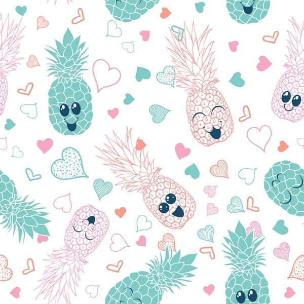 Pink and blue pineapple faces seamless pattern — Stock Vector