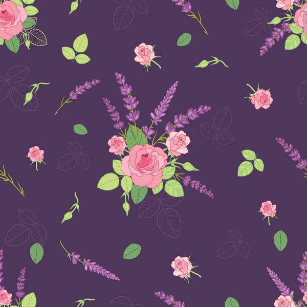 Rosa rosas púrpura patrón sin costuras ditsy — Vector de stock