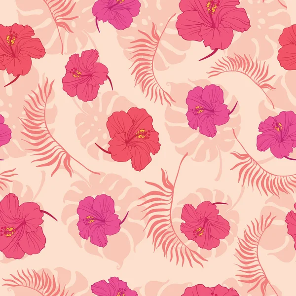 Tropical pink hibiscus flowers seamless pattern. — Stock Vector