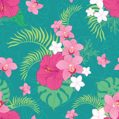 Tropikal orkide ve hibiscus çiçek deseni.