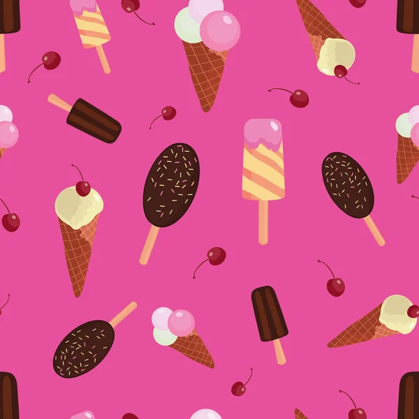 Rosa divertido sorvete e cerejas sem costura padrão — Vetor de Stock